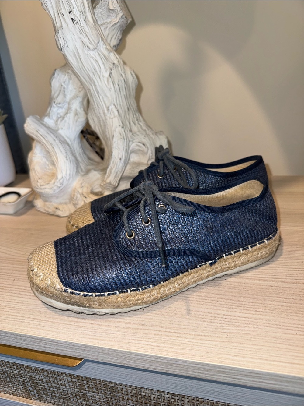 Navy Woven Espadrille Sneakers with Natural Jute Toe womens size 6